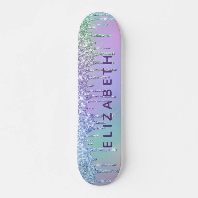 Cute Purple Green Blue Glitter Personalised Skateboard (Front)