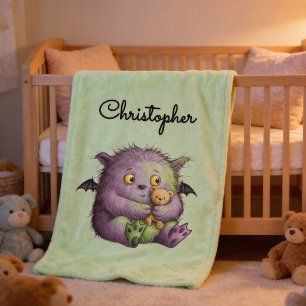 Cute Purple Green Fluffy Monster Buddy Fleece Blanket