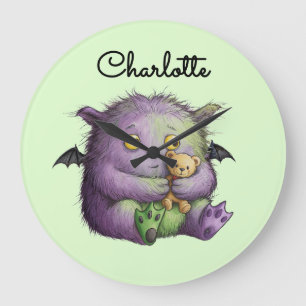 Cute Purple Green Fluffy Monster Buddy Large Clock