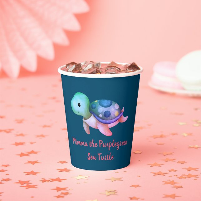Cute Purple & Green Mimma The Sea Turtle Paper Cups (Insitu)