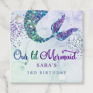 Cute Purple Green Modern Glitter Mermaid Birthday Favour Tags