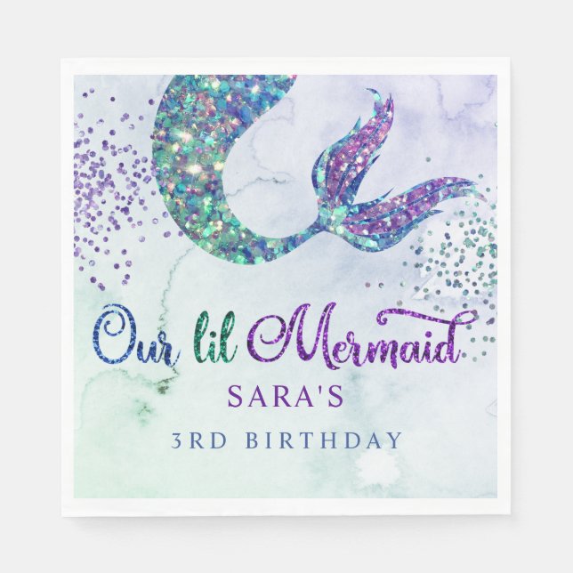 Cute Purple Green Modern Glitter Mermaid Birthday Napkin (Front)
