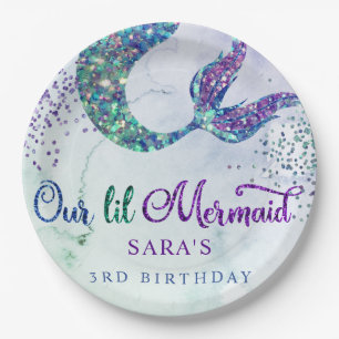 Cute Purple Green Modern Glitter Mermaid Birthday Paper Plate