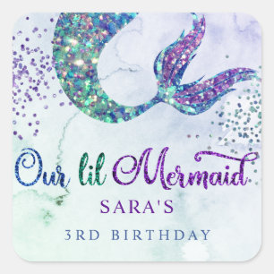 Cute Purple Green Modern Glitter Mermaid Birthday Square Sticker