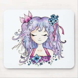Cute purple hair flower manga girl mouse mat