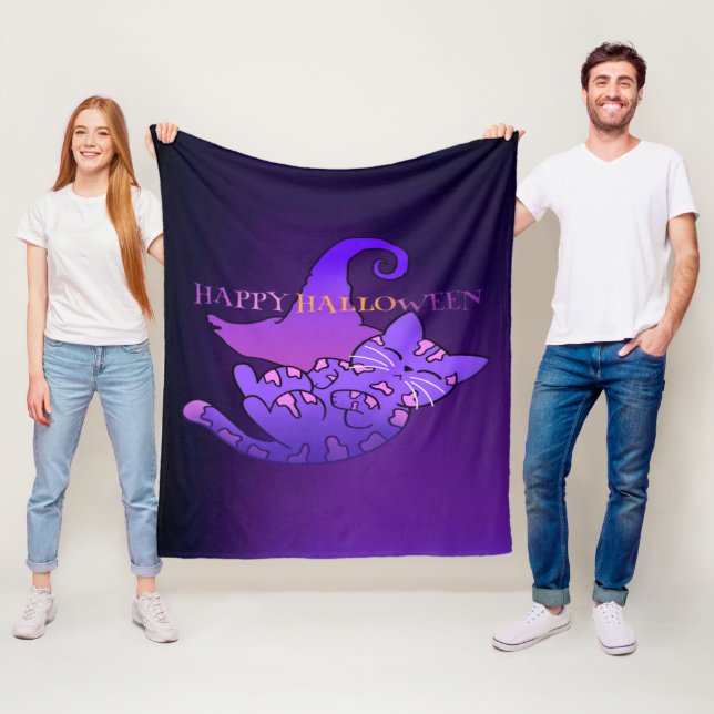 Cute Purple Halloween Cat and Witch Hat Fleece Blanket (In Situ)