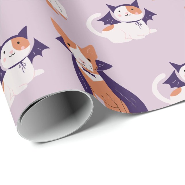 Cute Purple Halloween Cat Dog in Costume Pattern Wrapping Paper (Roll Corner)