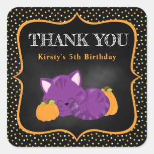 Cute Purple Halloween Cat & Polka Dots Birthday Square Sticker