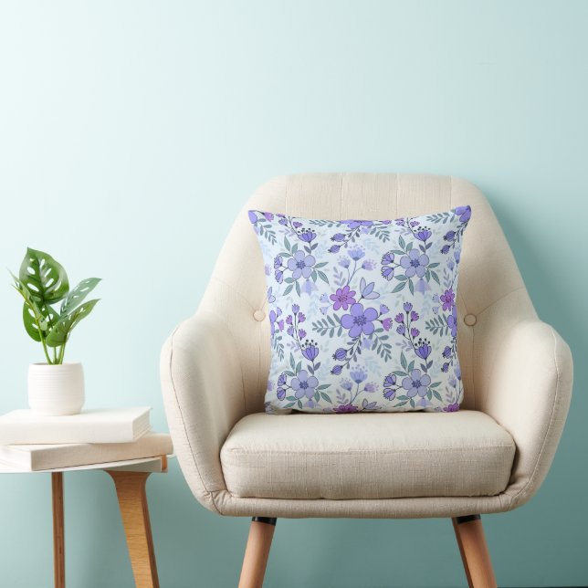 Cute Purple Hand Drawn Florals Throw Pillow (Chair)
