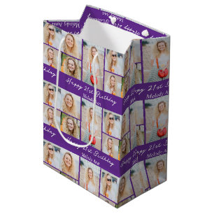 Cute Purple Happy Birthday Photo Collage Medium Gift Bag