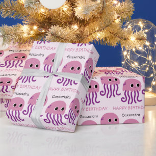 Cute Purple Jelly Fish Name Kids Birthday Wrapping Paper