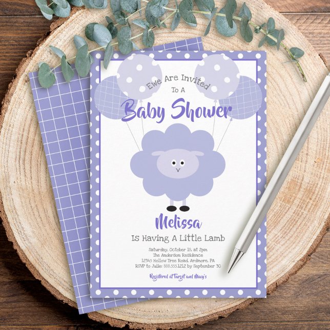 Cute Purple Lamb Simple Modern Sweet Baby Shower Invitation (Creator Uploaded)