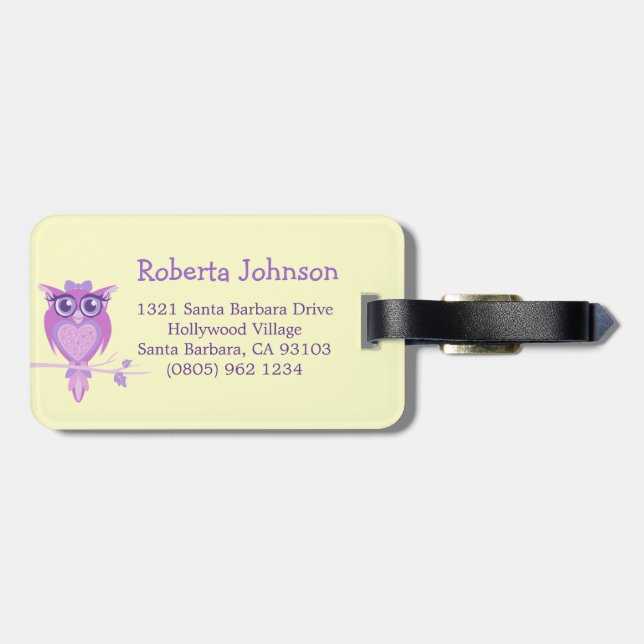 Cute purple lemon kids owl custom luggage tag (Back Horizontal)