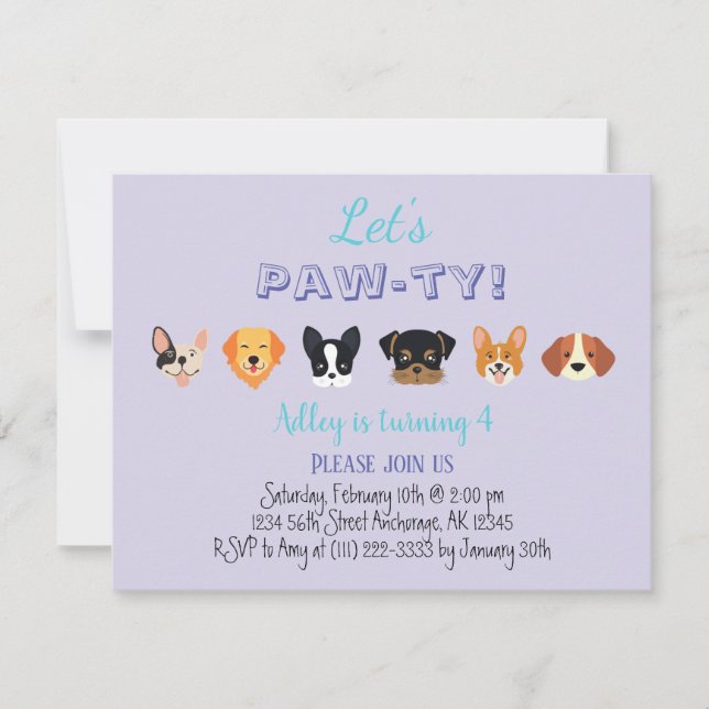 Cute Purple Let's Pawty Girl Puppy Birthday Party Invitation (Front)