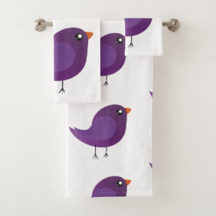 Cute Purple Little Bird Illustration Bath Towel Set