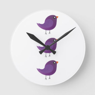 Cute Purple Little Bird Illustration Round Clock