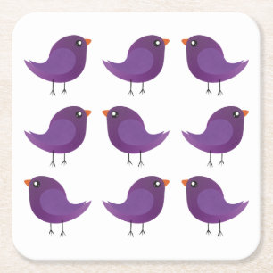 Cute Purple Little Bird Illustration Square Paper Coaster