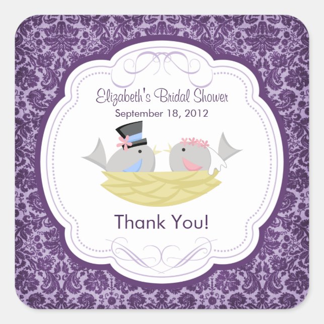Cute Purple Love Birds Bridal Shower Square Sticker (Front)
