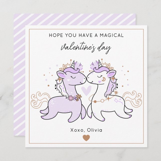 Cute Purple Magical Unicorn Kids Valentine's Day  Card (Front/Back)