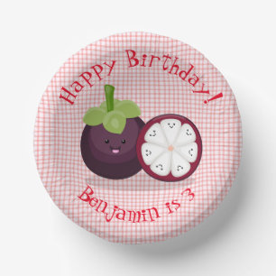 Cute purple mangosteen cartoon illustration paper plate