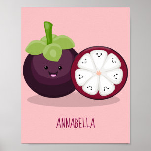Cute purple mangosteen cartoon illustration poster