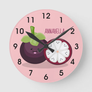 Cute purple mangosteen cartoon illustration round clock