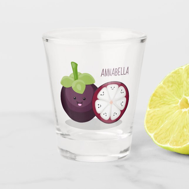 Cute purple mangosteen cartoon illustration  shot glass (Front)