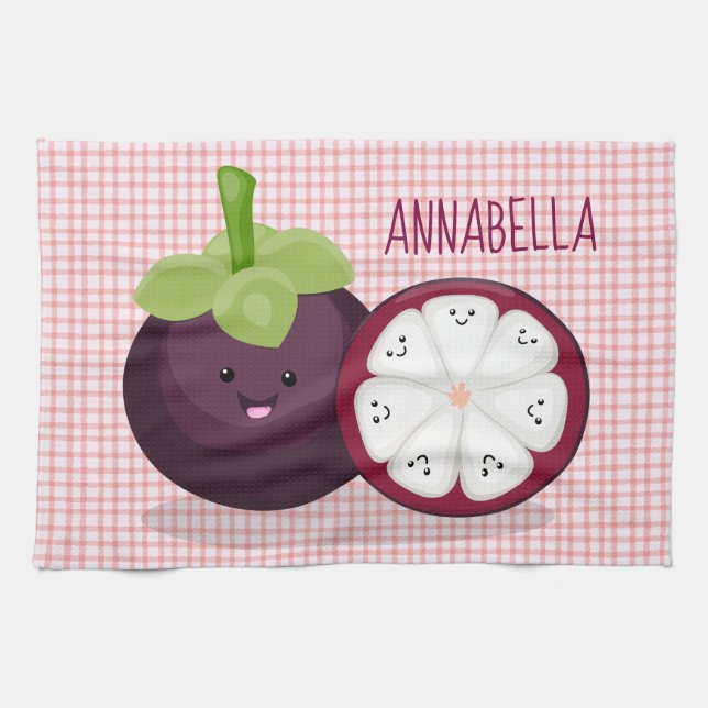 Cute purple mangosteen cartoon illustration tea towel (Horizontal)