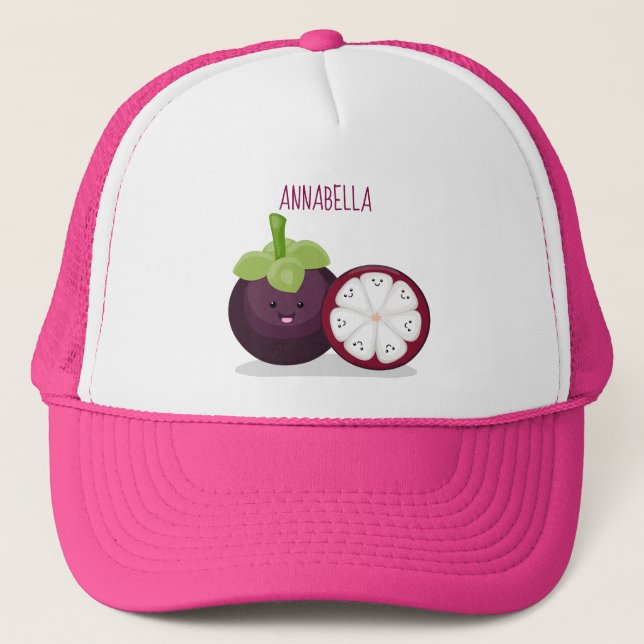 Cute purple mangosteen cartoon illustration trucker hat (Front)