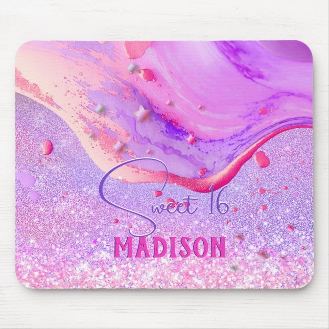 Cute purple marble art glitter monogram mouse mat (Front)