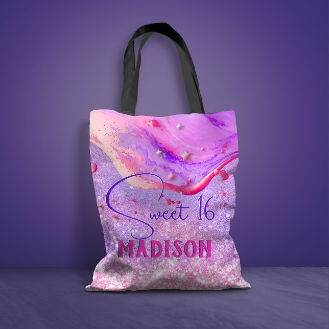 Cute purple marble art glitter monogram tote bag (Creator Uploaded)