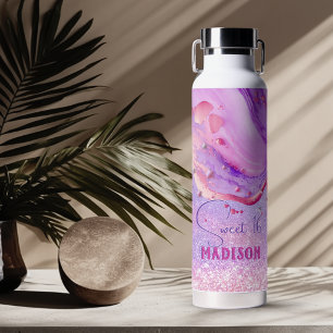 Cute purple marble art glitter monogram water bottle