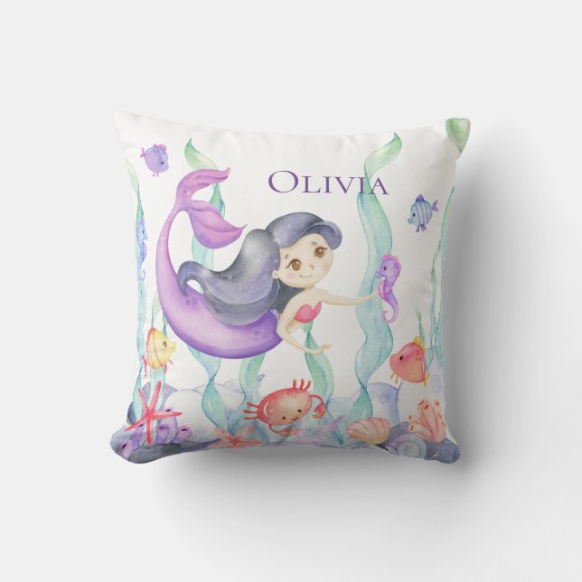 Cute Purple Mermaid Name Watercolor Ocean Fish Cushion (Front)