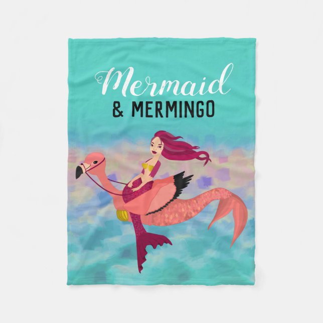Cute Purple Mermaid Pink Flamingo Under the Sea Fleece Blanket (Front)