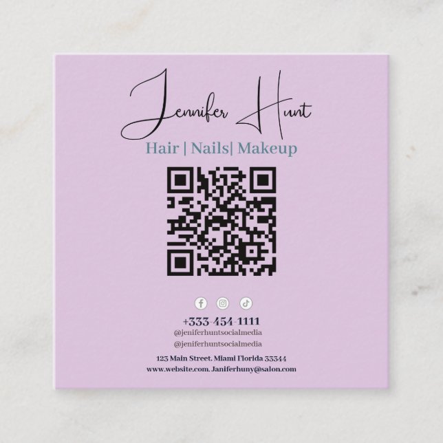 Cute Purple Minimalist QR code Business Card (Front)