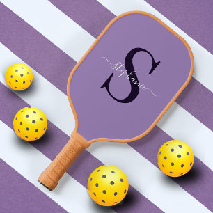 Cute Purple Monogram Initial + Name Pickleball Paddle