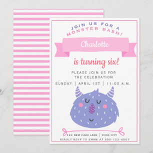 Cute Purple Monster Monster Bash Girls Birthday Invitation