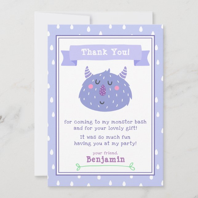 Cute Purple Monster | Monster Bash Kids Birthday Thank You Card (Front)