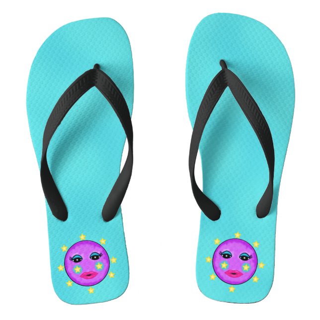 Cute Purple Moon Face Pink Lips Yellow Stars Aqua Flip Flops (Footbed)