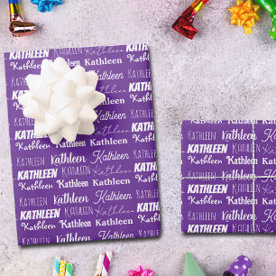 Cute Purple Name Collage Customised Birthday Wrapping Paper Sheet
