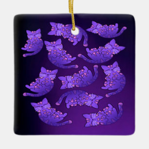 Cute Purple Neon Kitten Group Ceramic Ornament