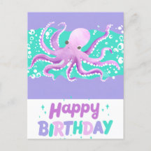 Cute Purple Octopus Bright Colourful Happy Birthda