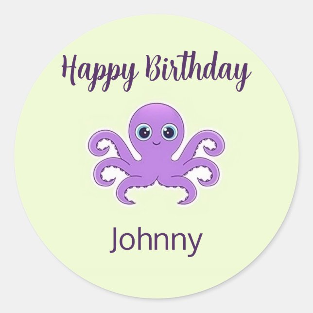 Cute purple octopus green classic round sticker (Front)