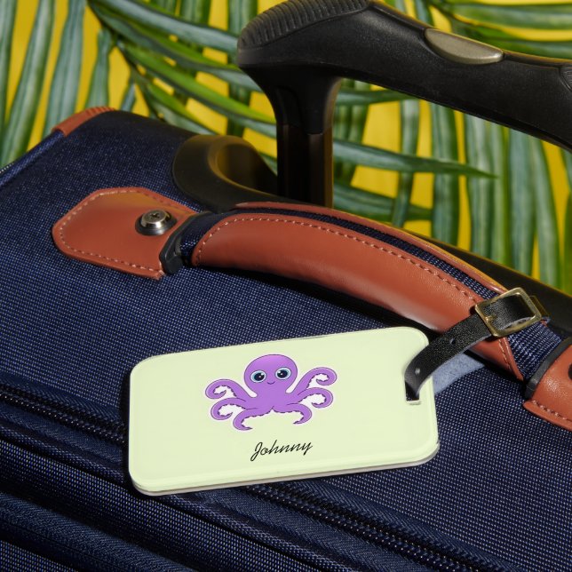 Cute purple octopus green luggage tag (Front Insitu 3)