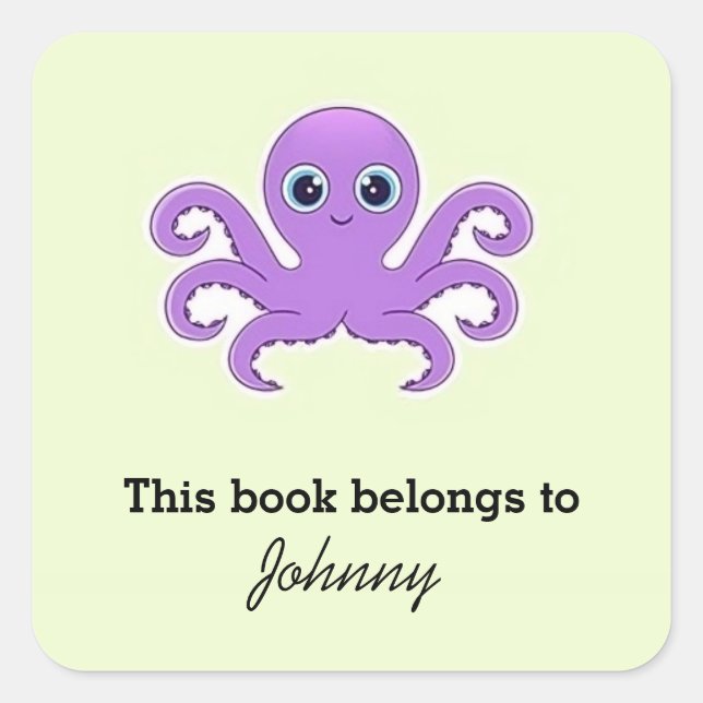 Cute purple octopus green square sticker (Front)