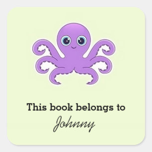 Cute purple octopus green square sticker