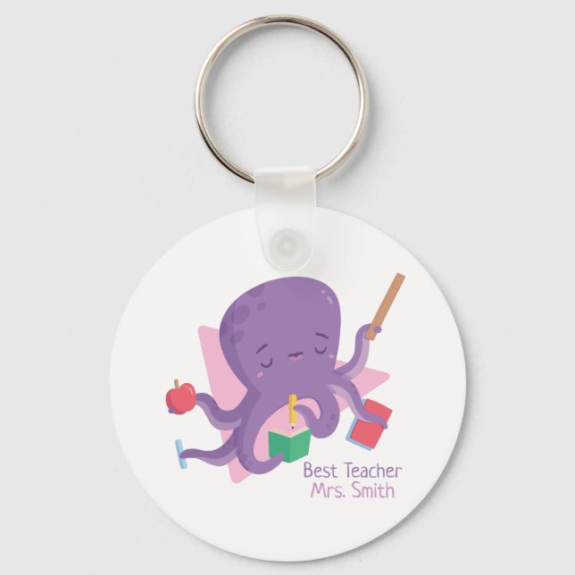 Cute Purple Octopus Teacher Personalised Key Ring (Front)