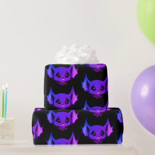 Cute Purple On Black Vampire Bat Halloween Cartoon Wrapping Paper