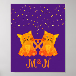 Cute Purple Orange Kitten Couple Two Monogram  Poster