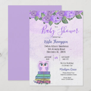 Cute Purple Owl Bring A Book Baby Shower   Invitation
